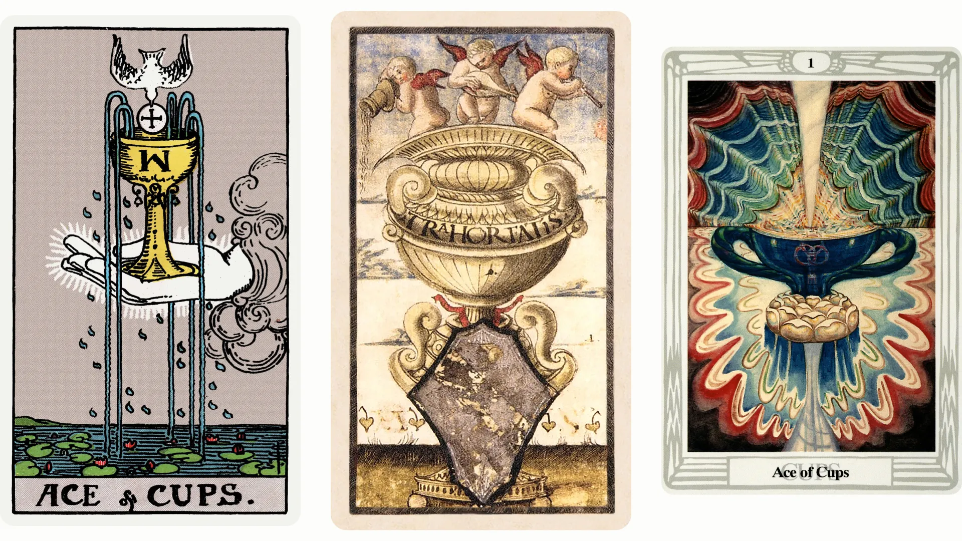 Ace of Cups Tarot Card Variants: Rider Waite Smith, Sola Busca, and Thoth