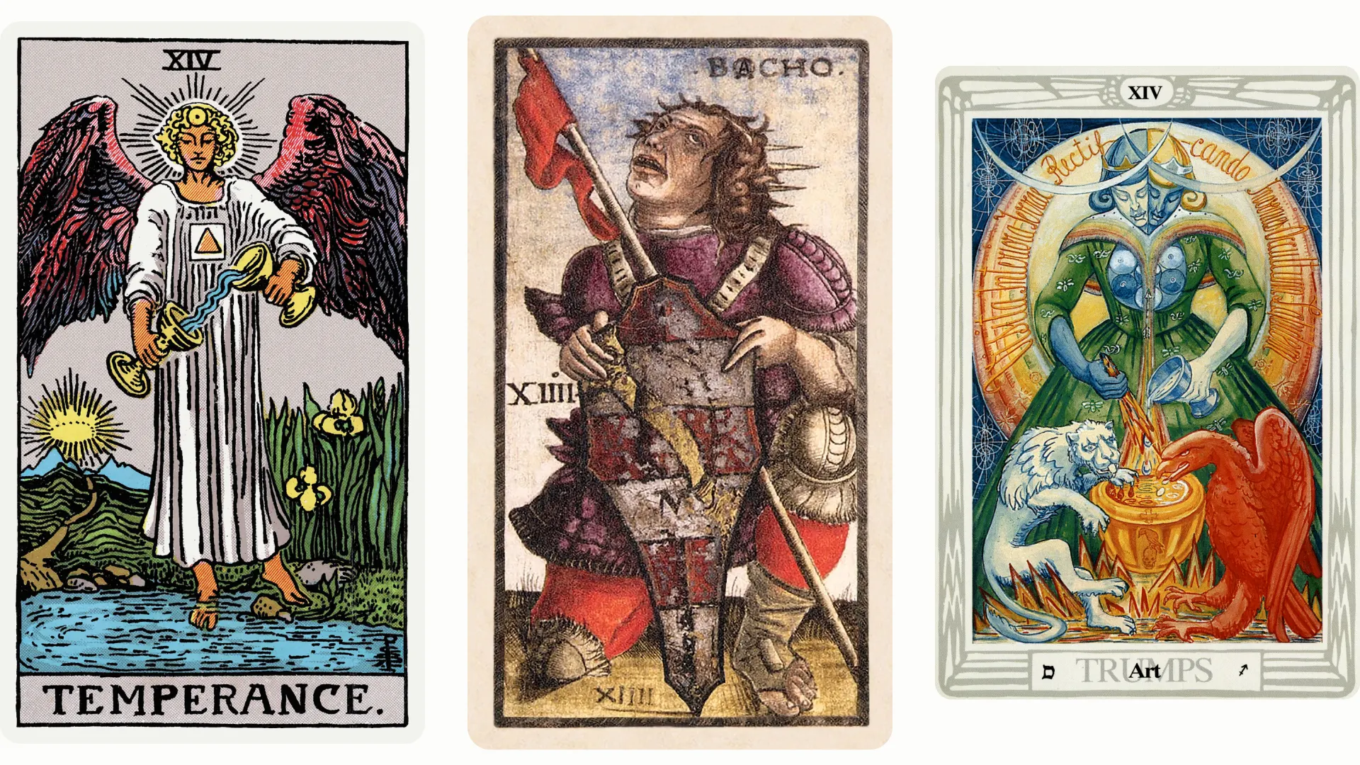 Temperance Tarot Card Variants: Rider Waite Smith, Sola Busca, and Thoth