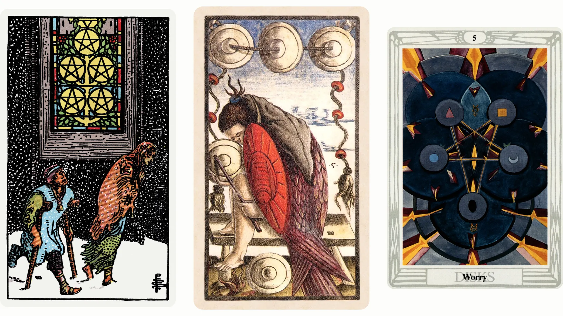 Five of Pentacles Tarot Card Variants: Rider Waite Smith, Sola Busca, and Thoth