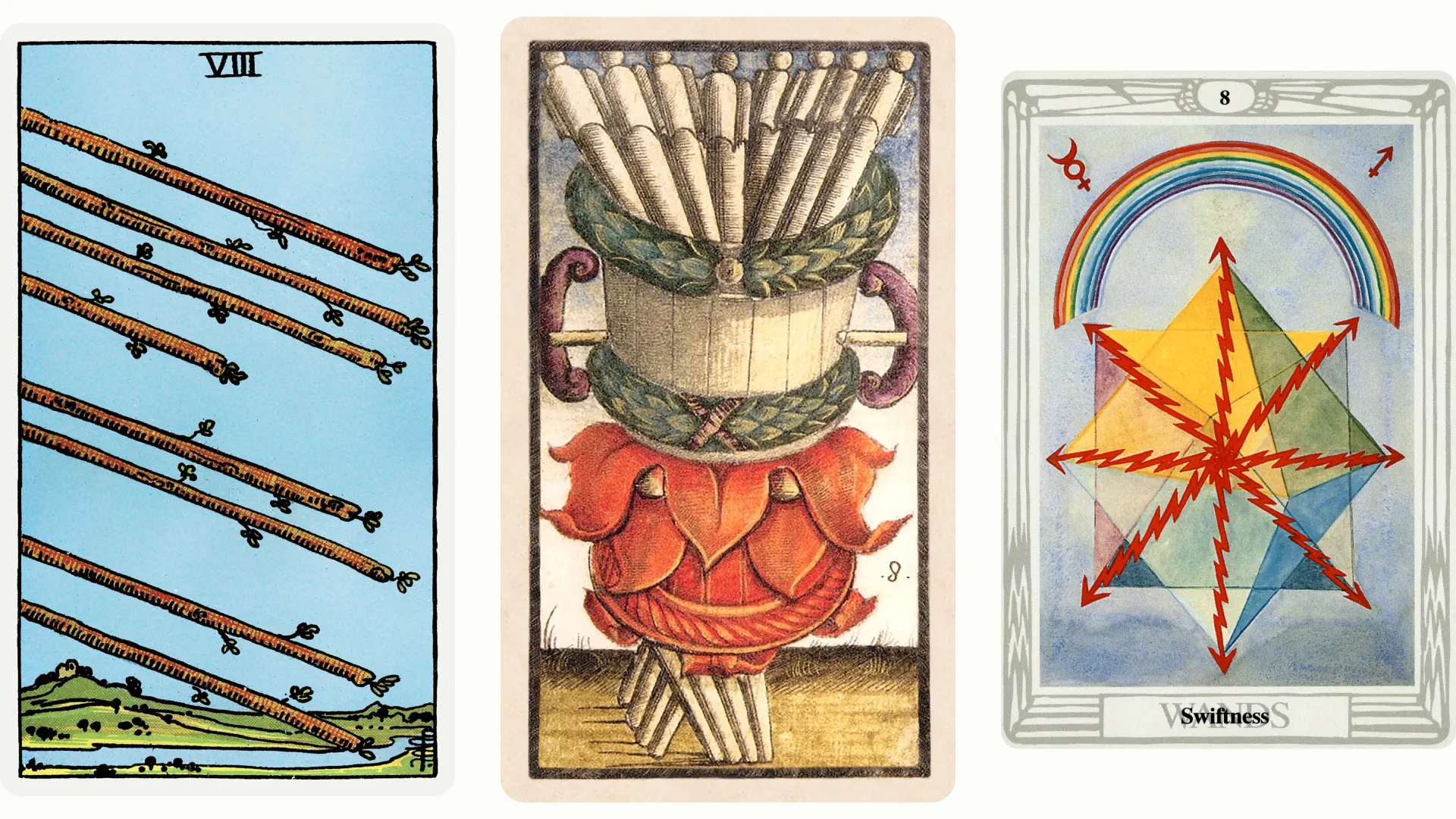 Eight of Wands Tarot Card Variants: Rider Waite Smith, Sola Busca, and Thoth