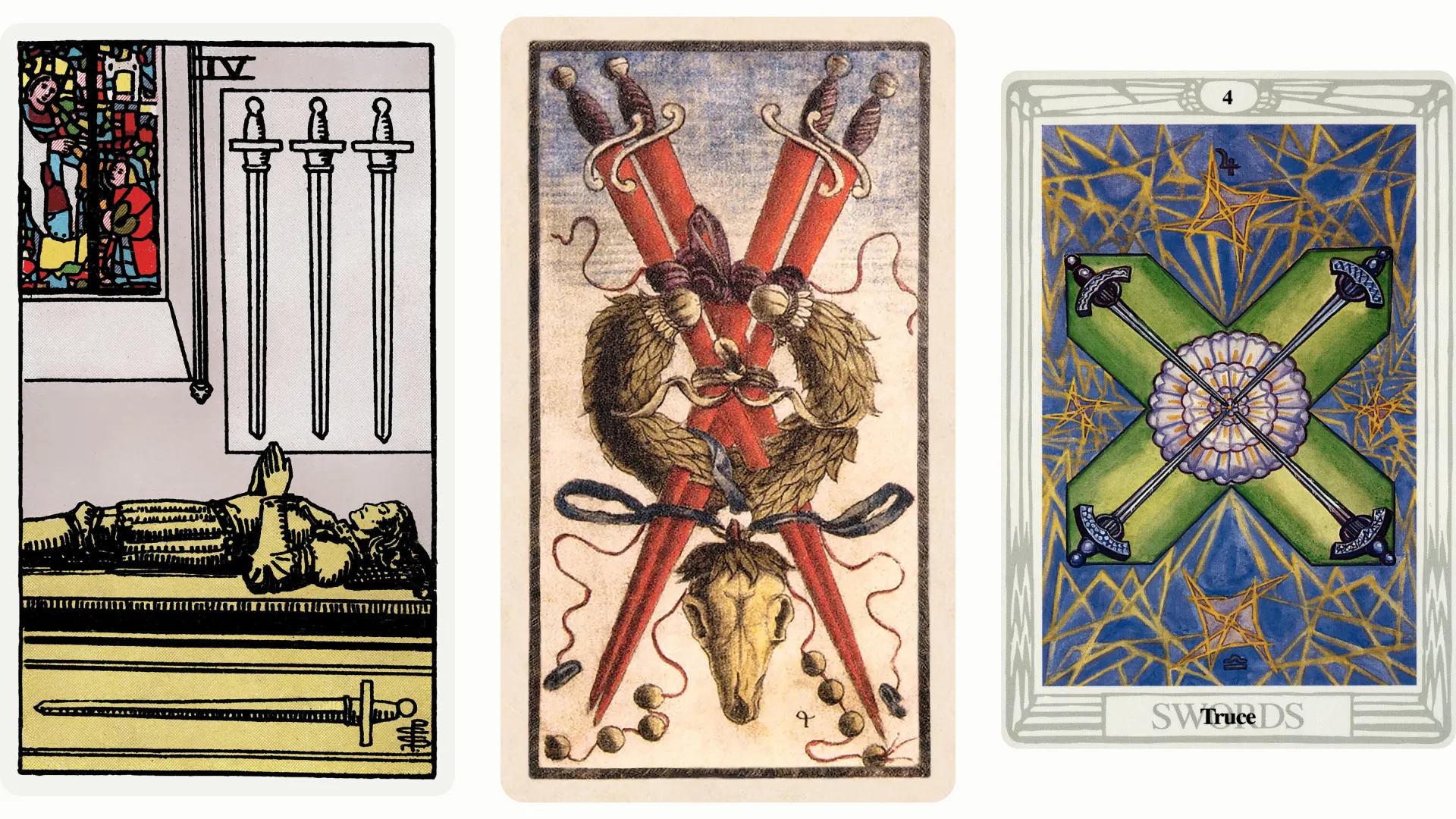 Four of Swords Tarot Card Variants: Rider Waite Smith, Sola Busca, and Thoth