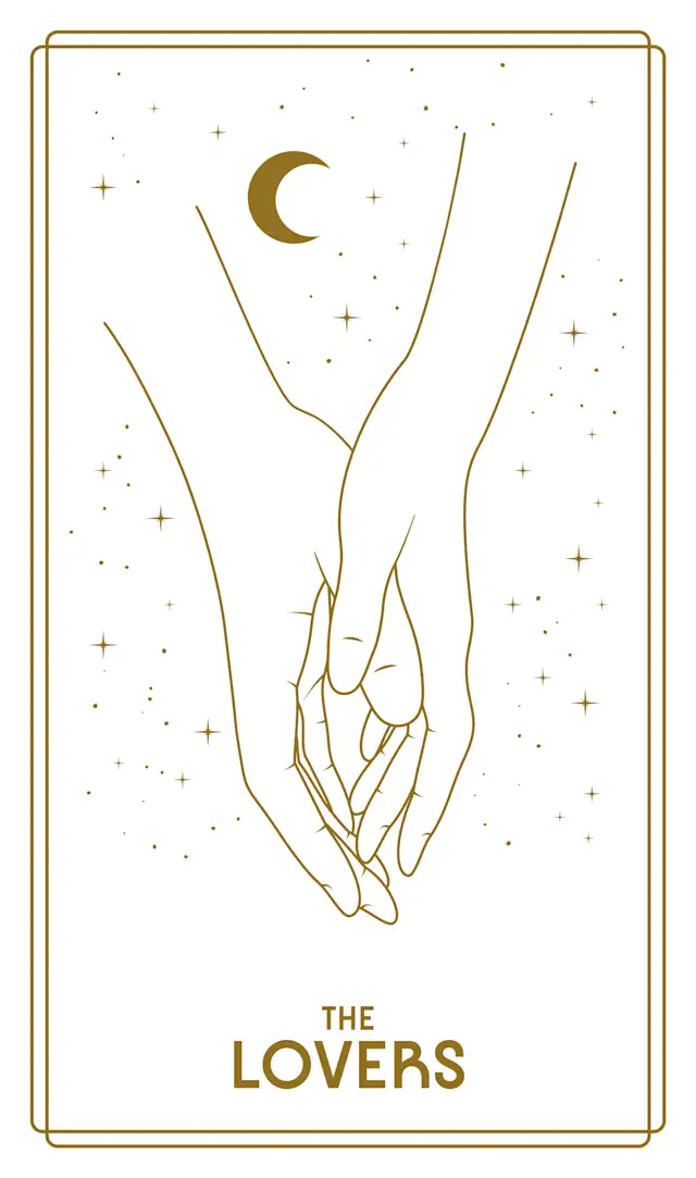 Close-up of The Lovers tarot card showing the angel, figures, and symbolic imagery