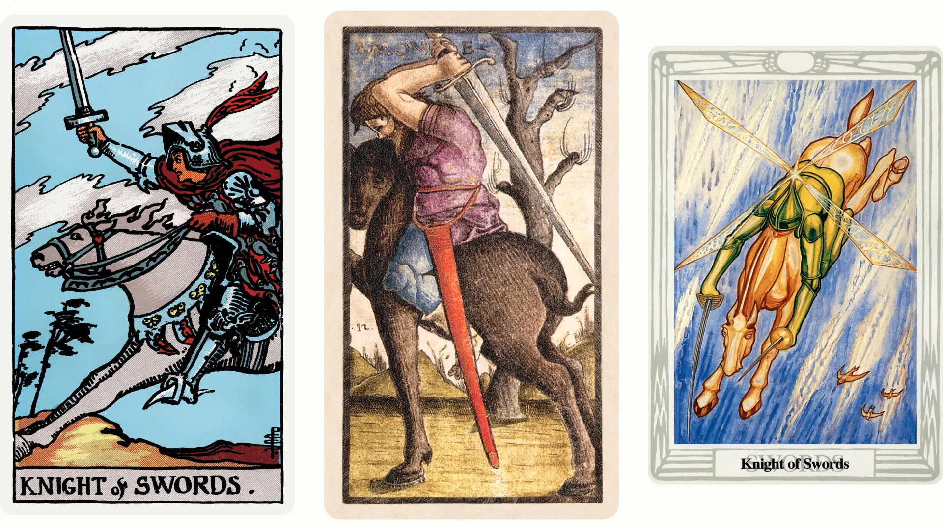 Knight of Swords Tarot Card Variants: Rider Waite Smith, Sola Busca, and Thoth