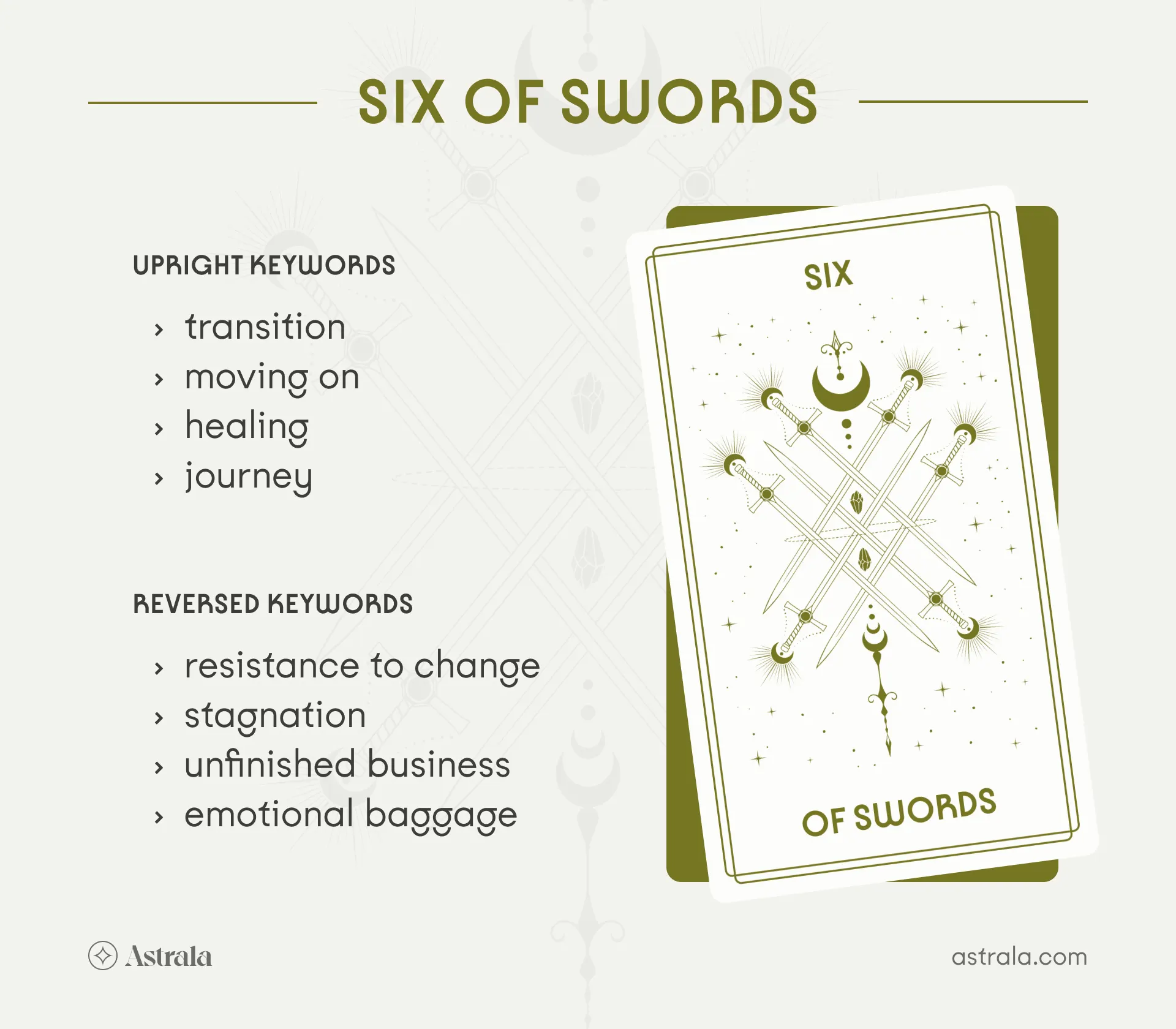 Six of Swords Tarot Card Upright and Reversed Keywords