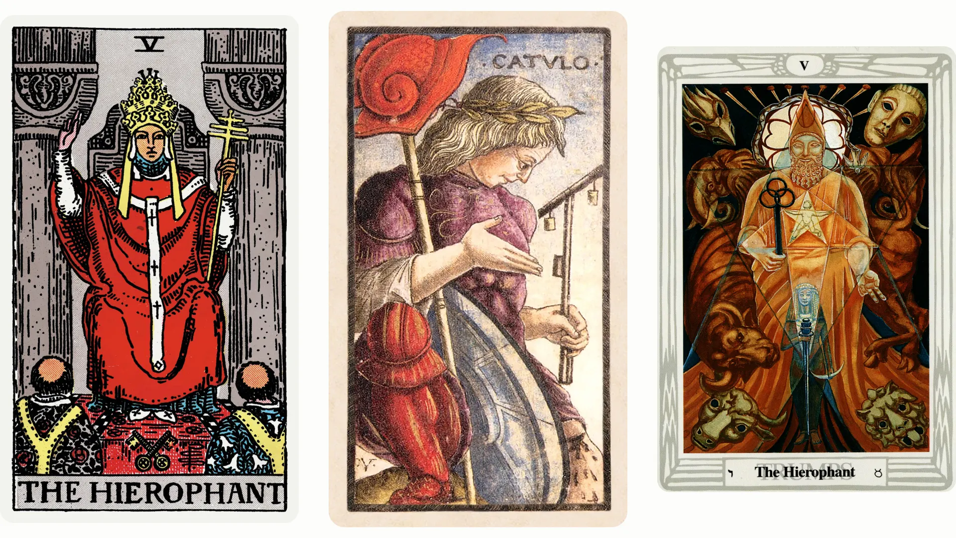 The Hierophant Tarot Card Variants: Rider Waite Smith, Sola Busca, and Thoth