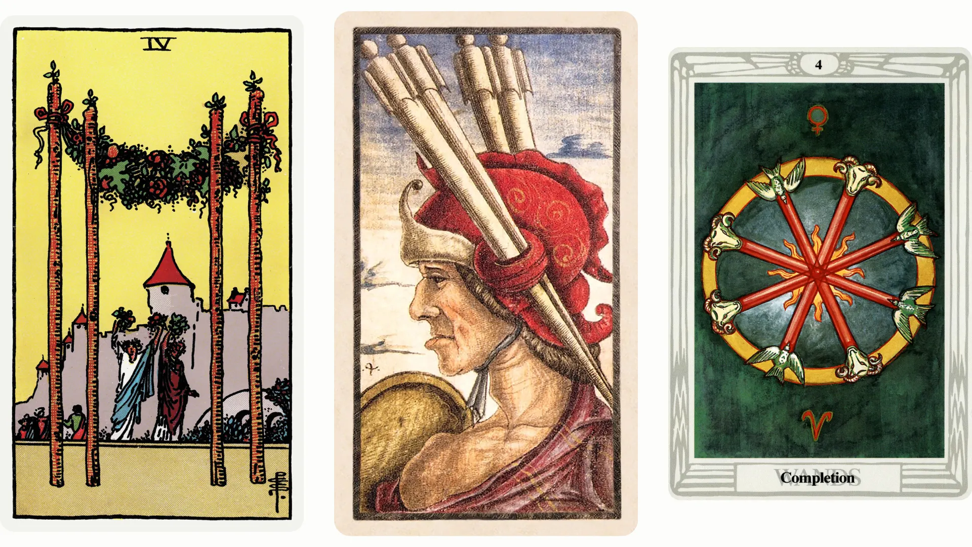 Four of Wands Tarot Card Variants: Rider Waite Smith, Sola Busca, and Thoth