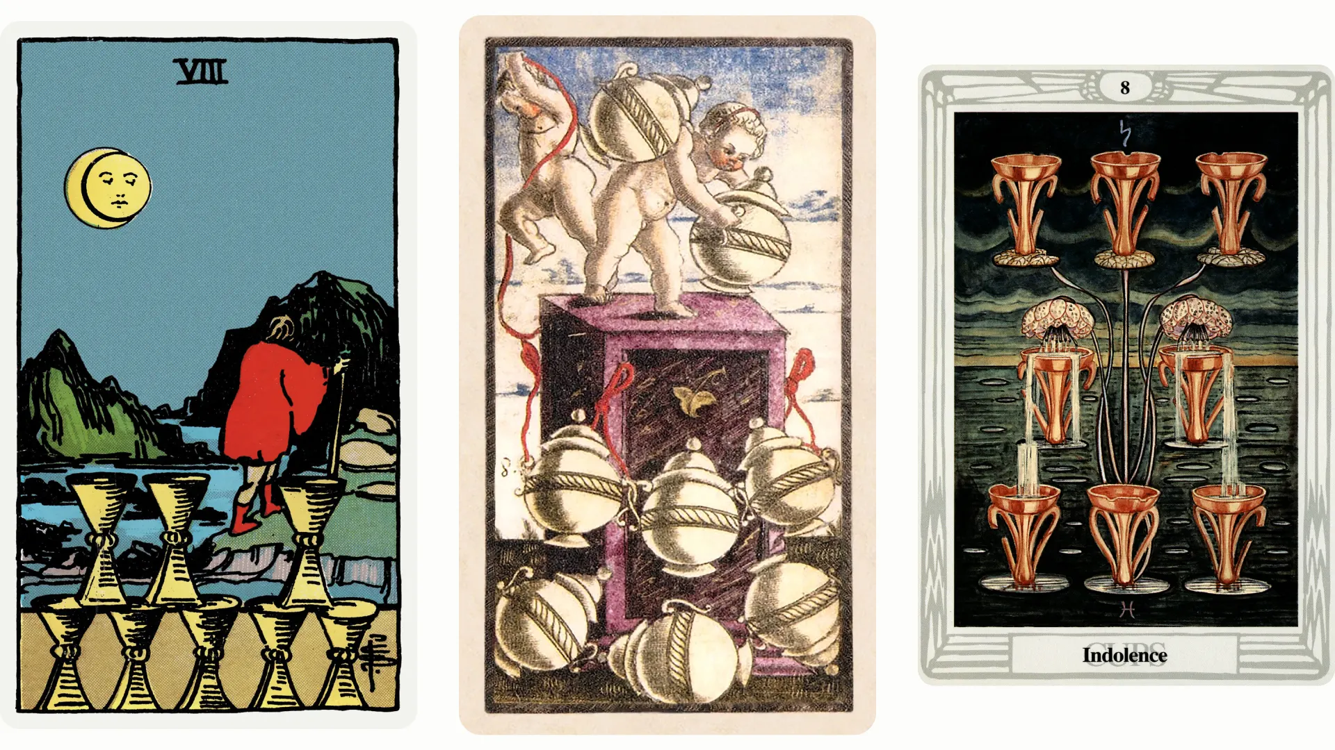 Eight of Cups Tarot Card Variants: Rider Waite Smith, Sola Busca, and Thoth