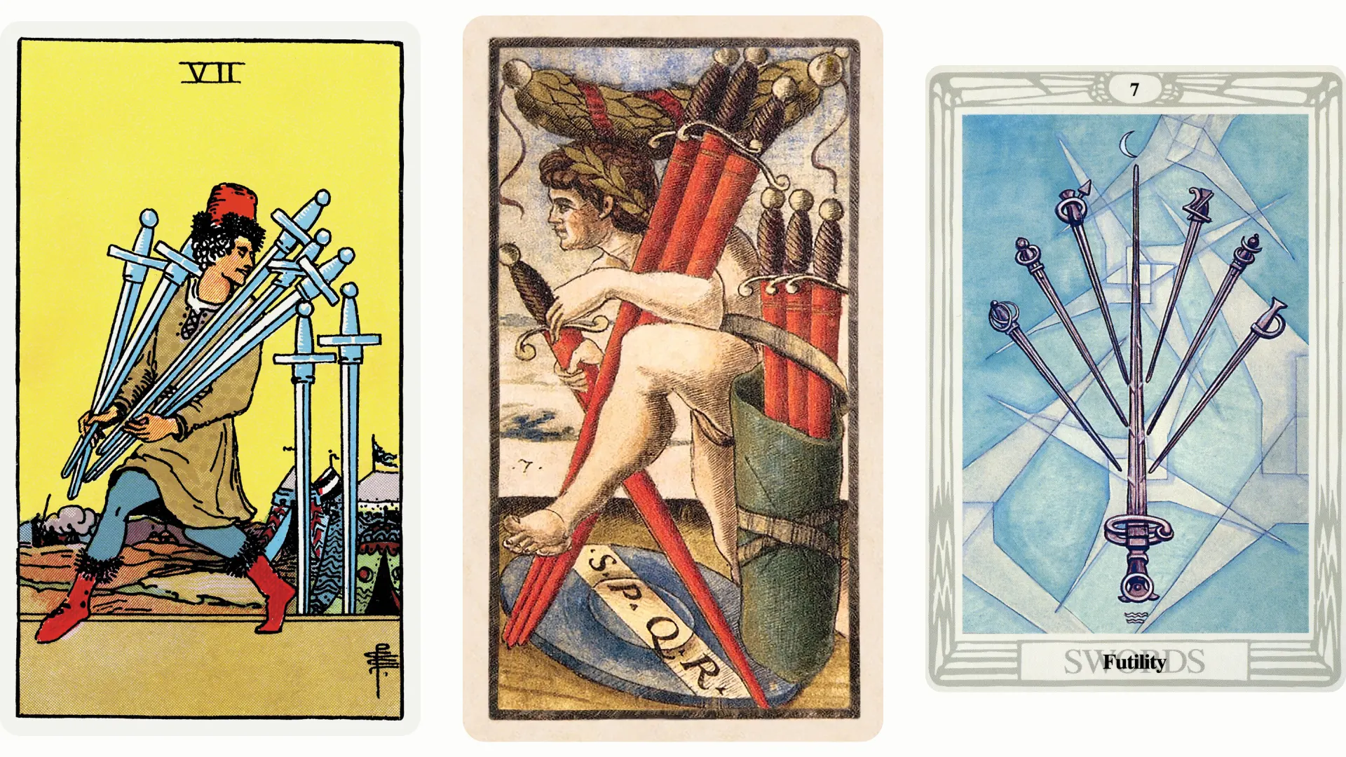 Seven of Swords Tarot Card Variants: Rider Waite Smith, Sola Busca, and Thoth