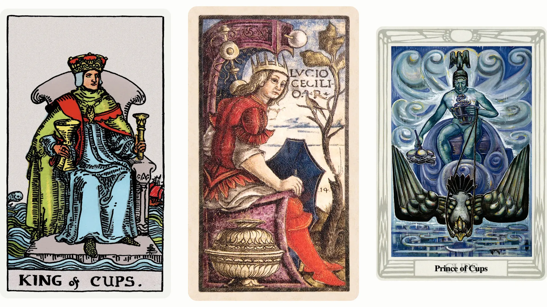 King of Cups Tarot Card Variants: Rider Waite Smith, Sola Busca, and Thoth