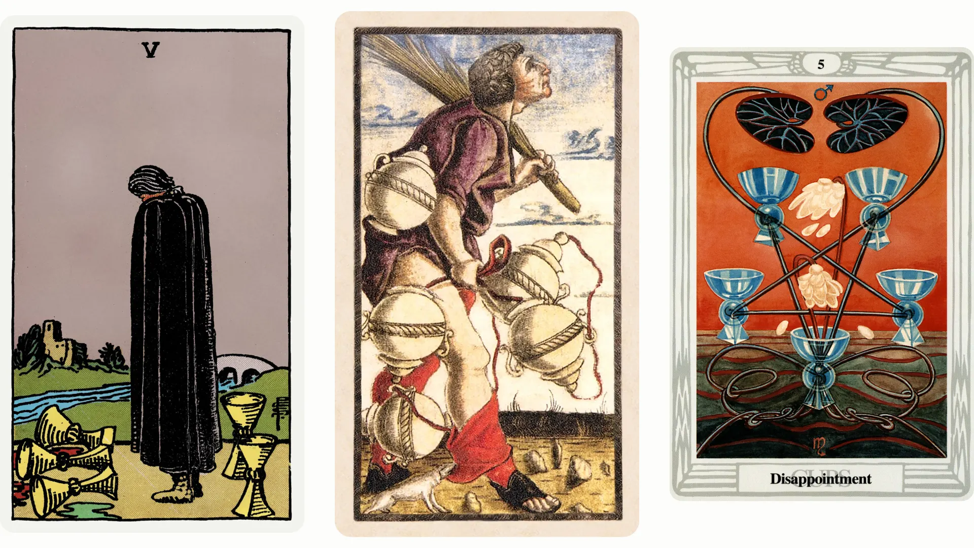 Five of Cups Tarot Card Variants: Rider Waite Smith, Sola Busca, and Thoth