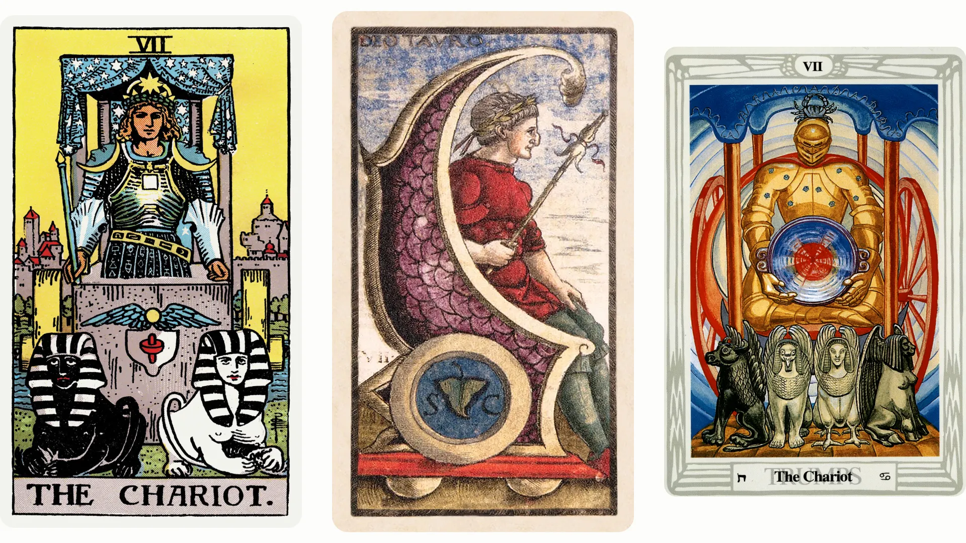 The Chariot Tarot Card Variants: Rider Waite Smith, Sola Busca, and Thoth