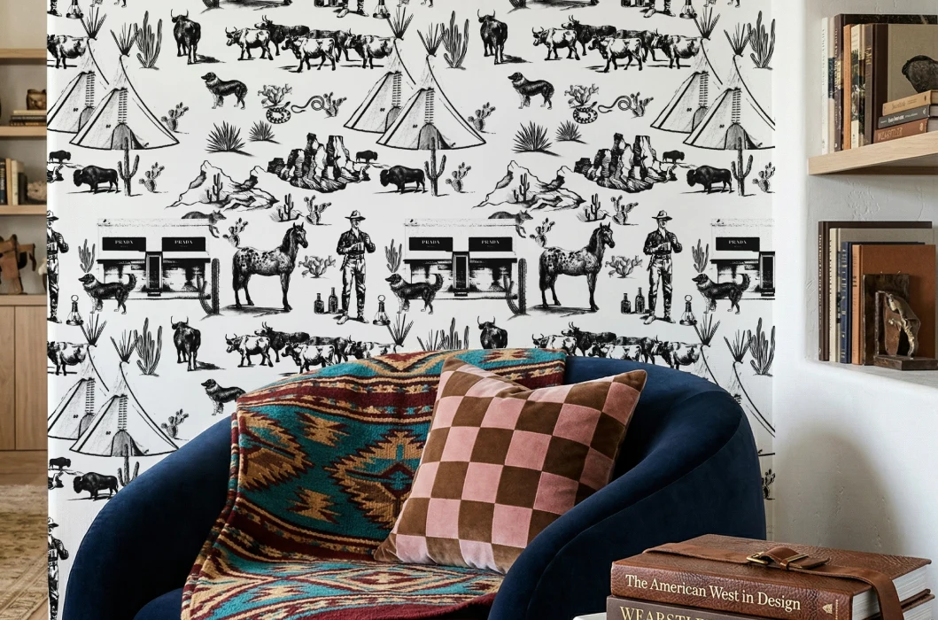 a living room with the marfa wallpaper