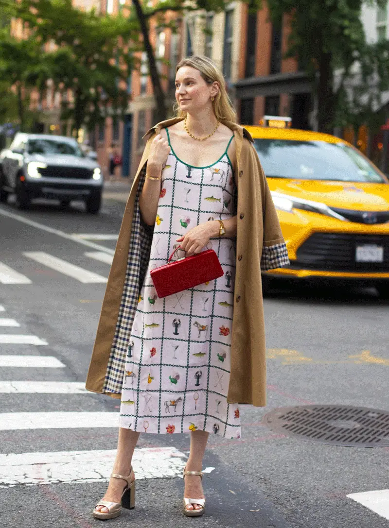 3 women wearing the new katie kime slip dresses in the savannah print, tailored stripe print, and derby rose print