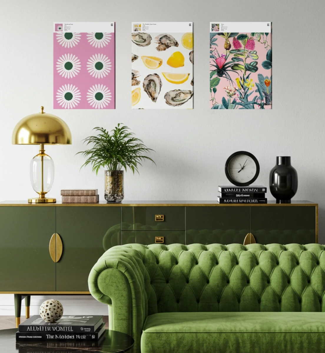 a living room with 3 wallpaper samples stuck to it