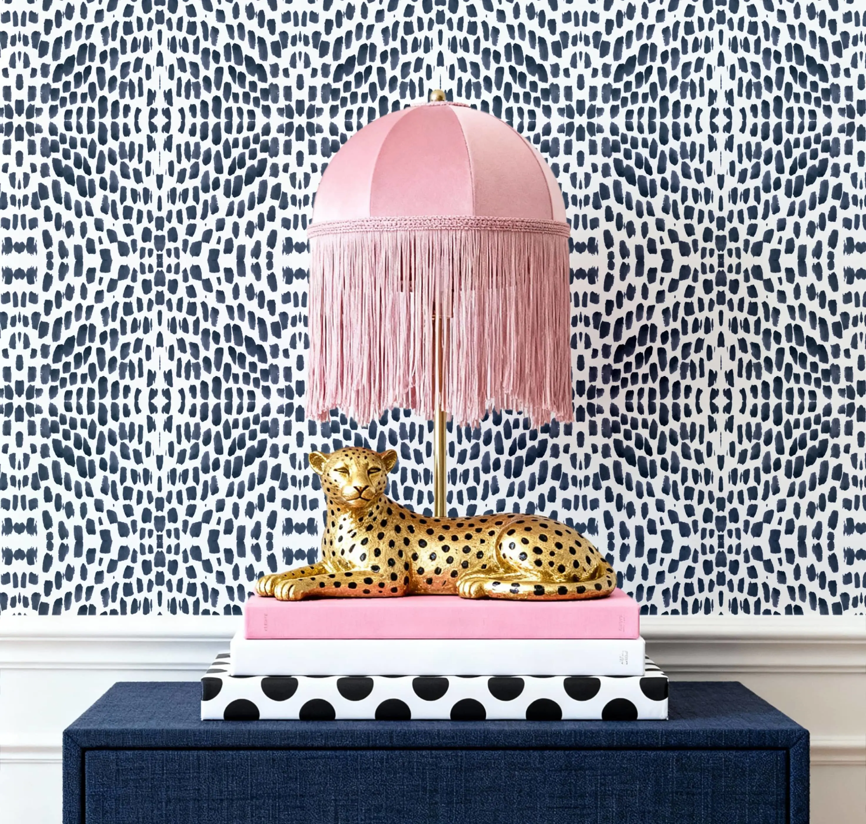 an image of a lamp with the watermarks wallpaper print in navy behind it