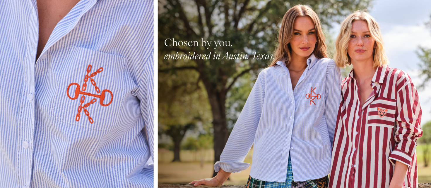 Chosen by you, embroidered in austin texas. Two women wearing custom katie kime shirts