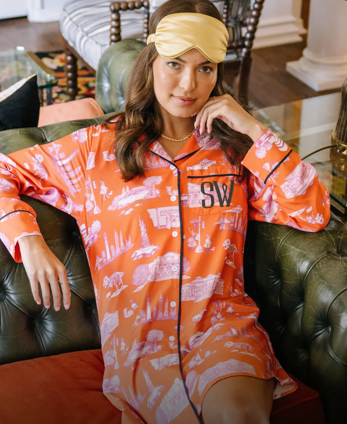 a woman wearing the new york city toile sleep shirt that is monogrammed