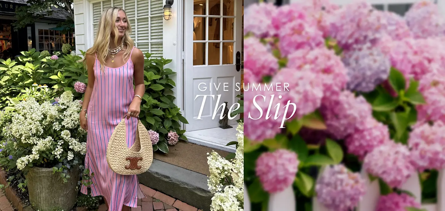A woman outside wearing the katie kime slip dress in the tailored stripe print