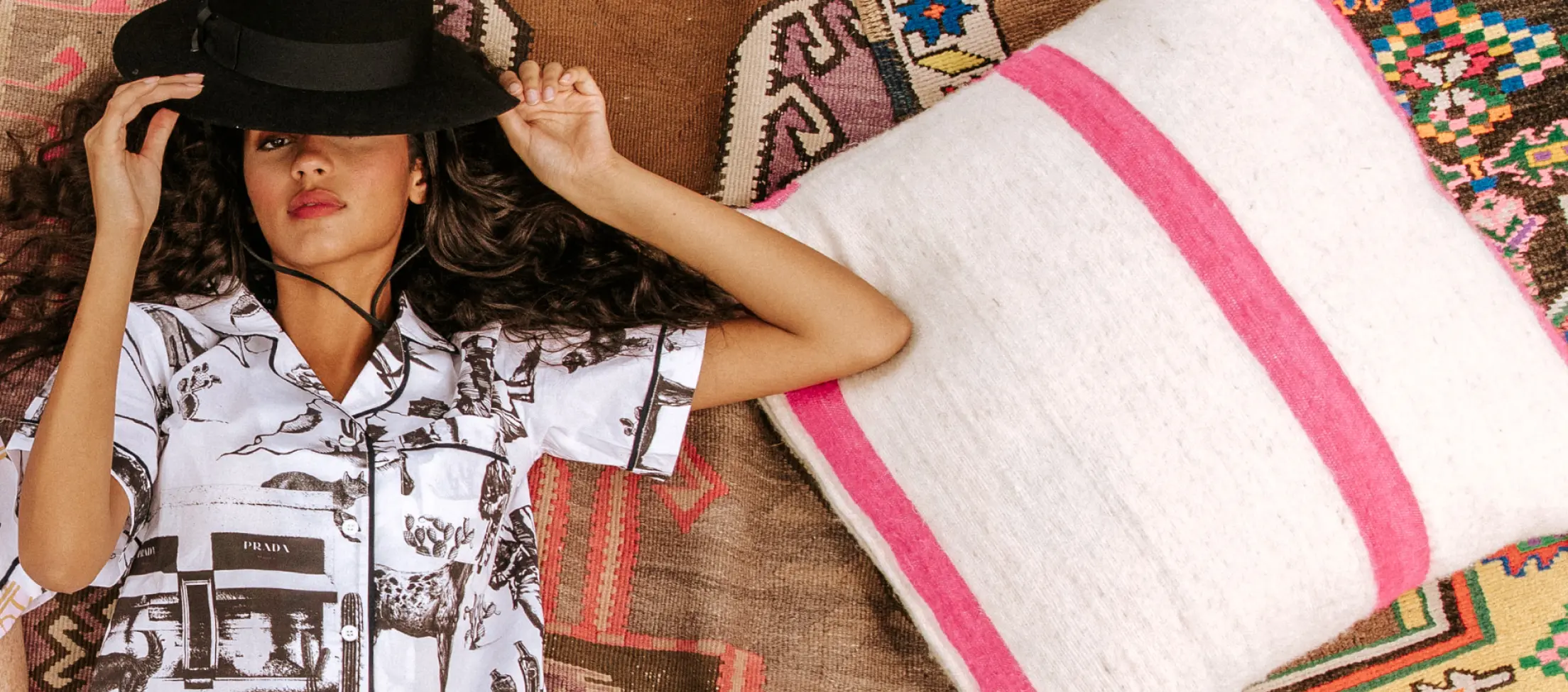 a woman wearing the marfa toile pajamas