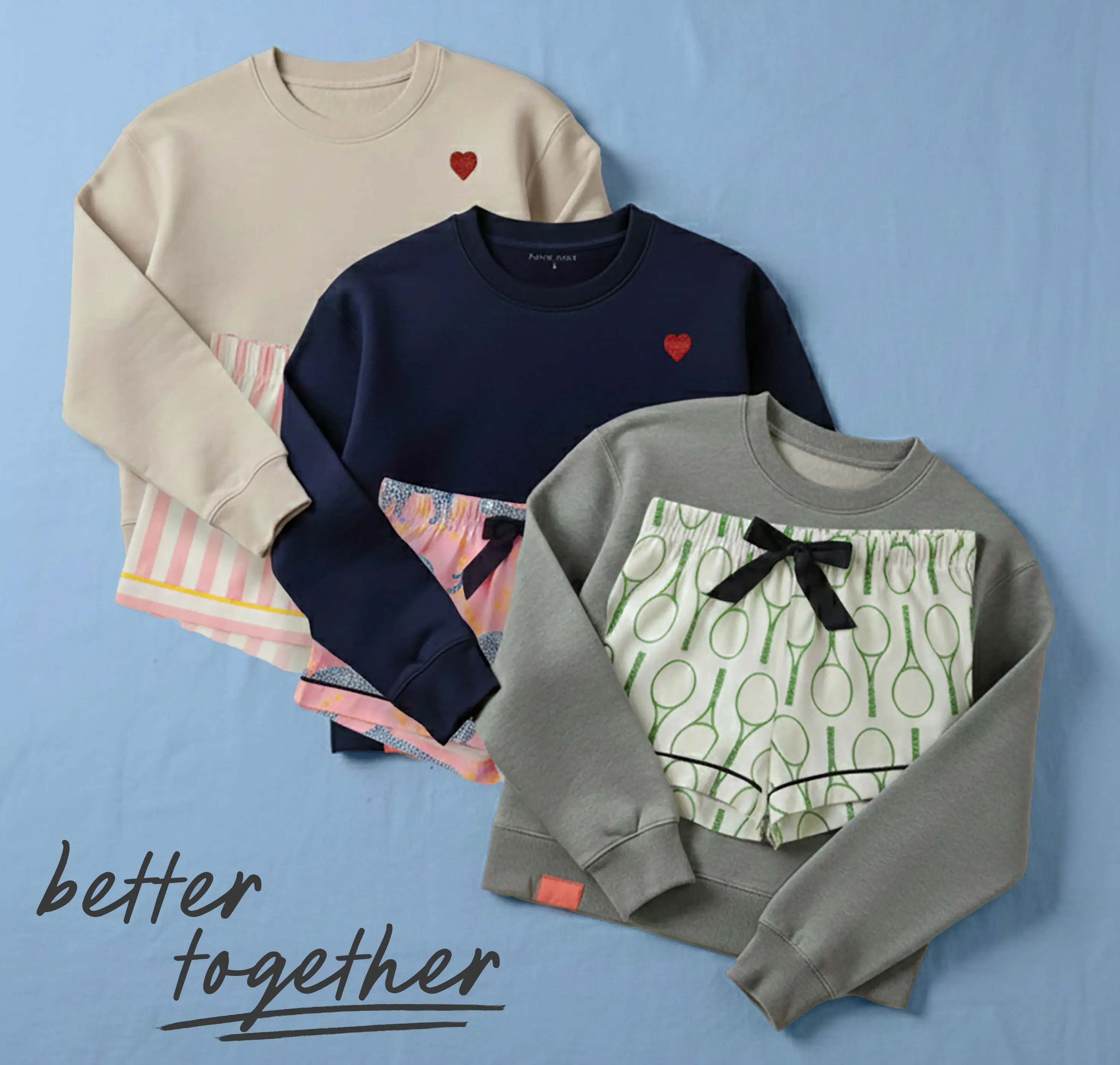 and image of story crew sweatshirts paired with pajama shorts