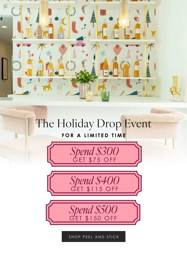 an image of a bartop with a holiday wallpaper in Mod Holiday. Shop and sae up $150 on all holiday peel and stick wallpaper