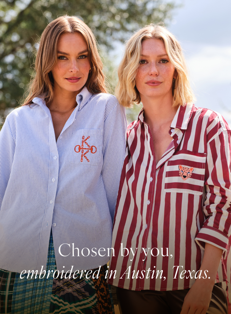 Chosen by you, embroidered in austin texas. Two women wearing custom katie kime shirts