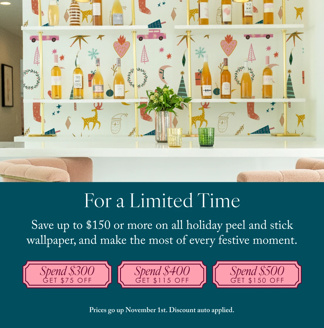 A image of a bar with holiday wallpaper decor. Promotion: save up to $150 on all holiday peel and stick wallpaper for a limited time.