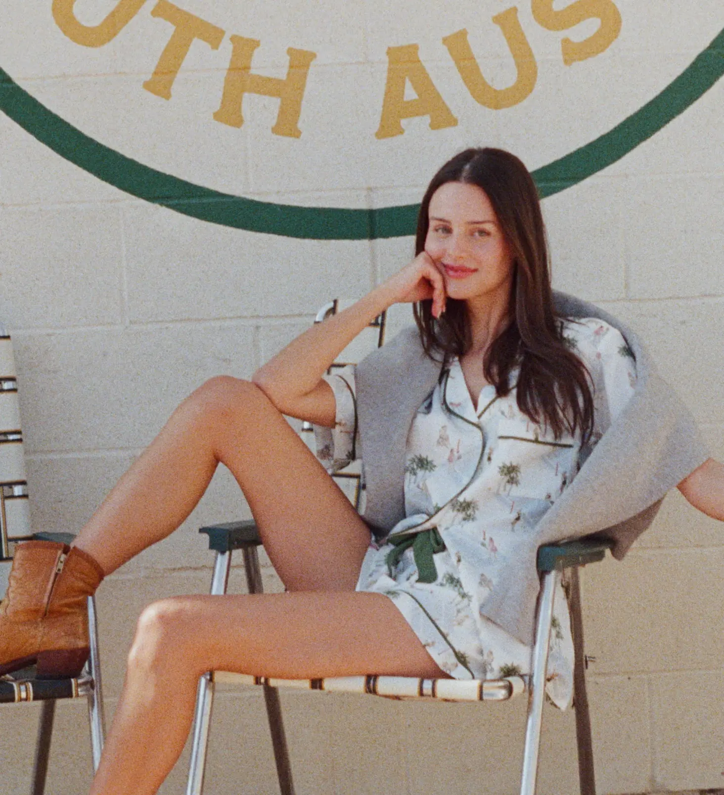 a woman wearing the palm court pajama pants set