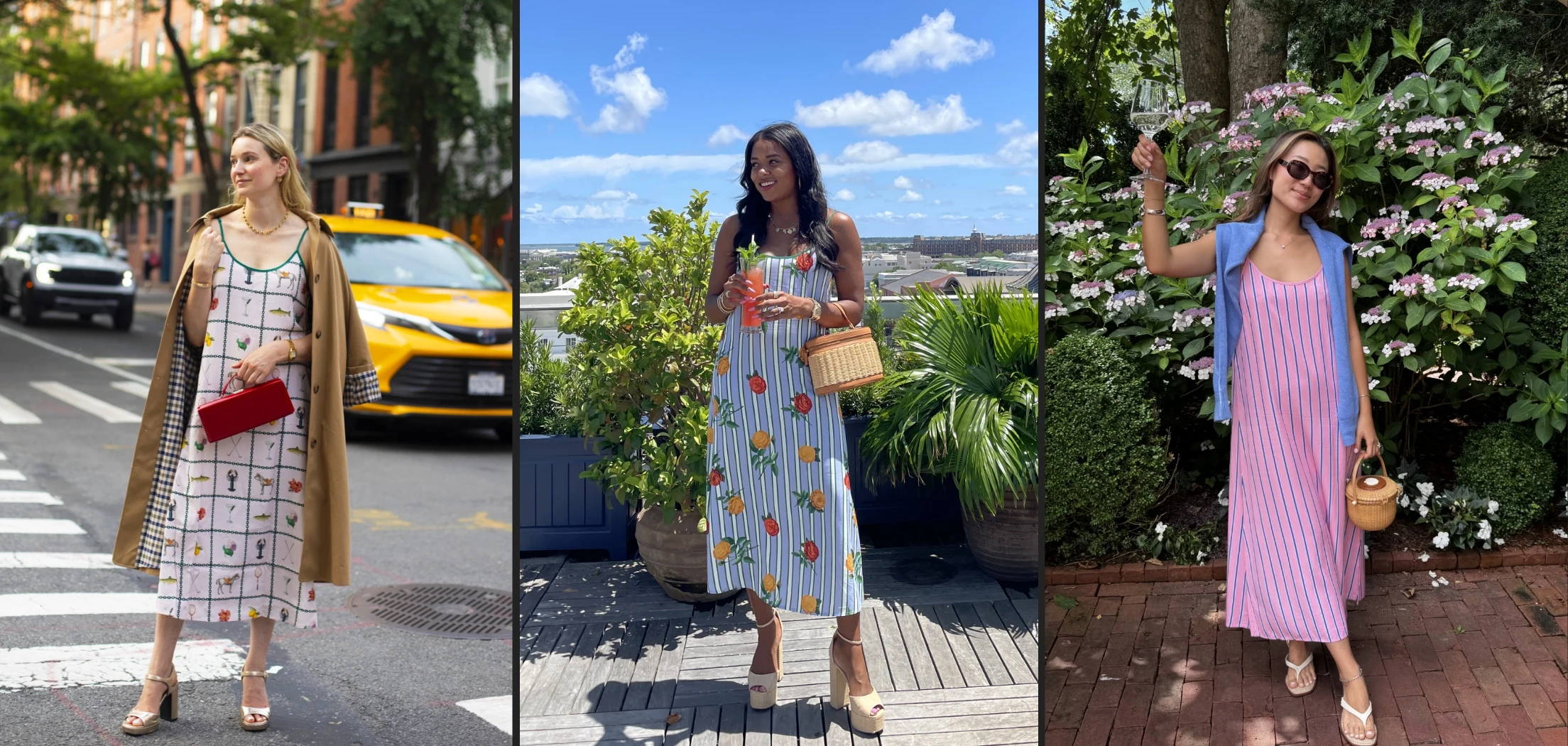 3 women wearing the new katie kime slip dresses in the savannah print, tailored stripe print, and derby rose print