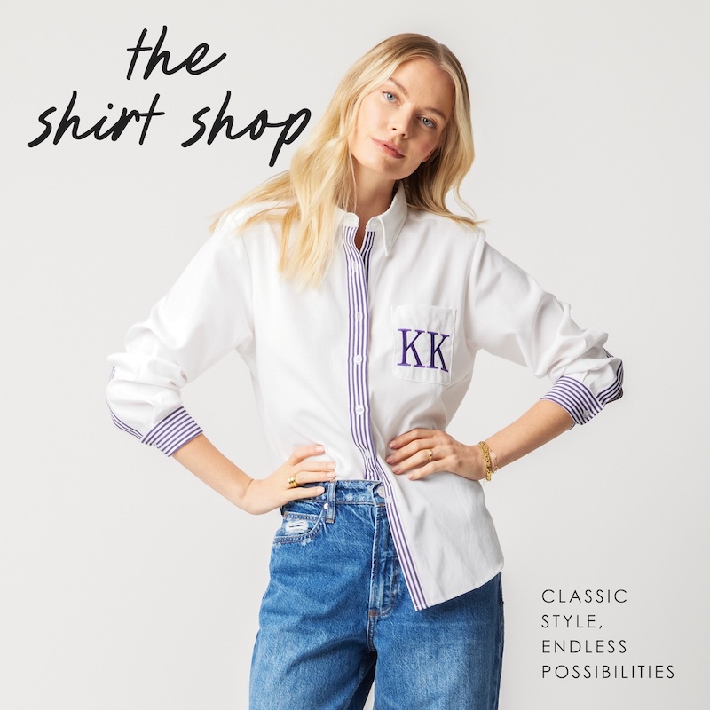 Women wearing embroidered purple Chelsea button down shirt from Katie Kime