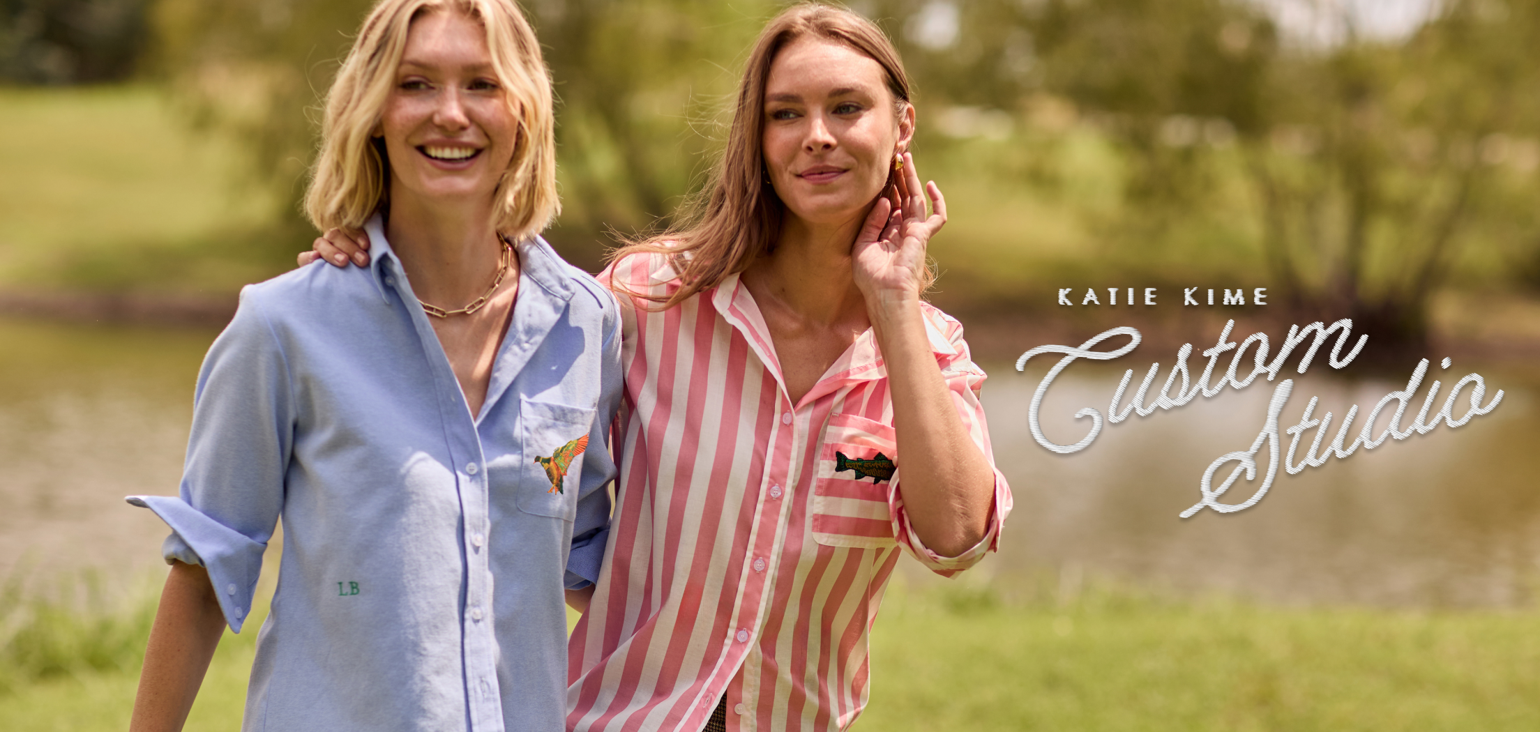 two women wearing customized katie kime shirts with embroidery