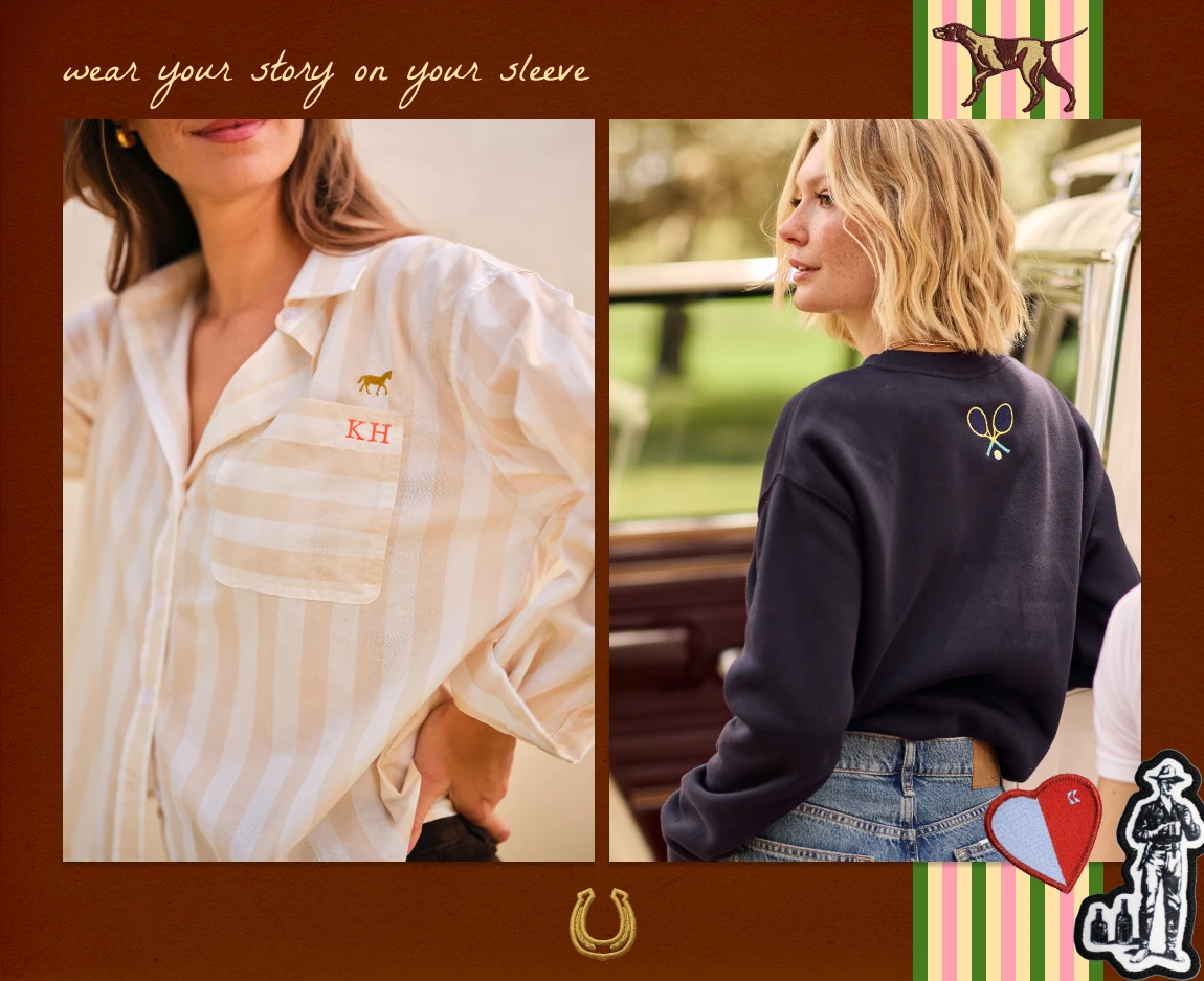 two women wearing Katie Kime customized embroidered tops