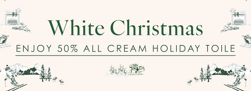 White Christmas 50% off holiday toile in cream banner