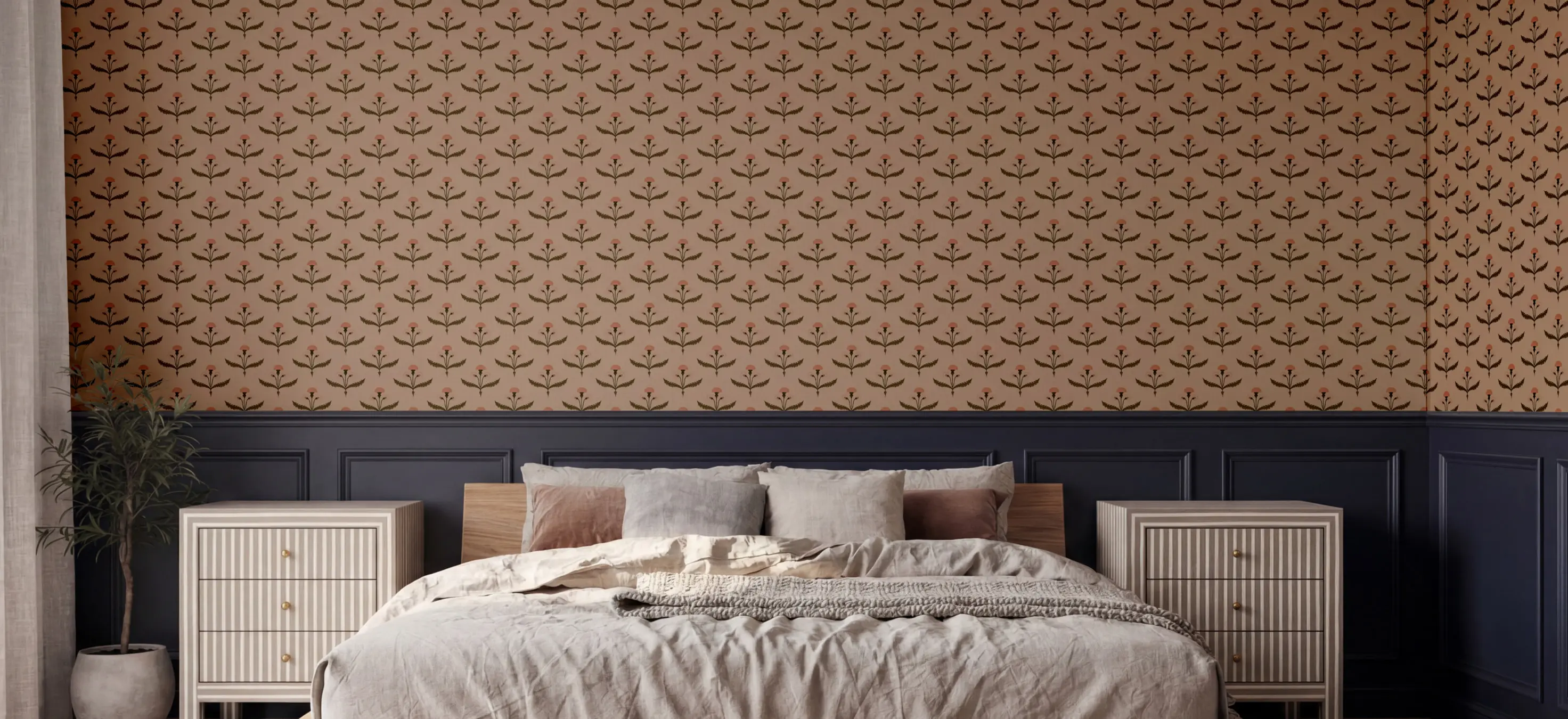 a bedroom with the fine and dandy wallpaper in tan pink