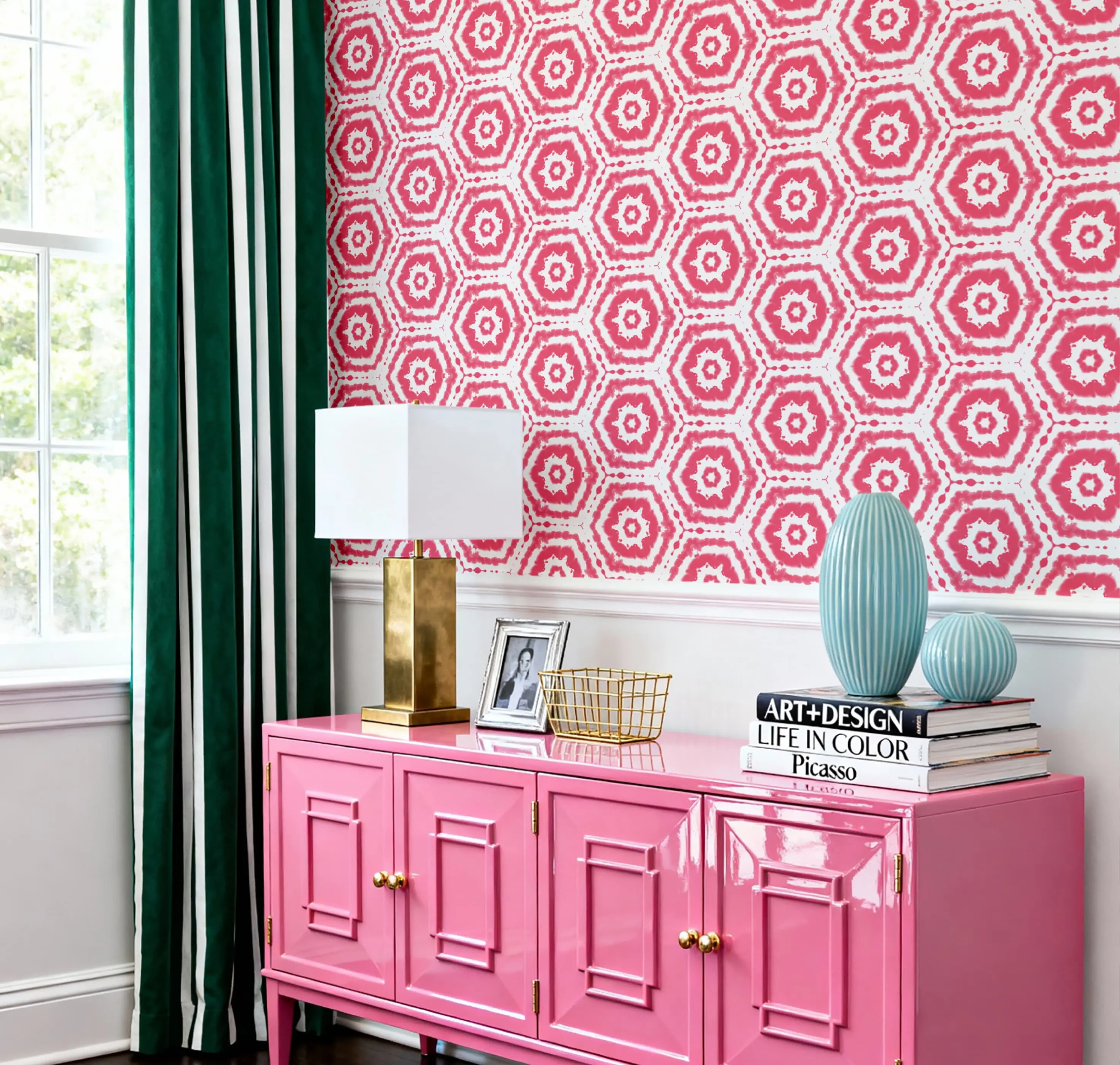 a room with the beach bums wallpaper in pink