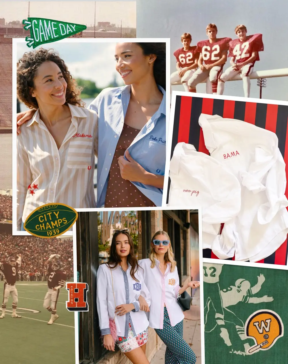 Game day collage of friends in personalized Katie Kime button down shirts