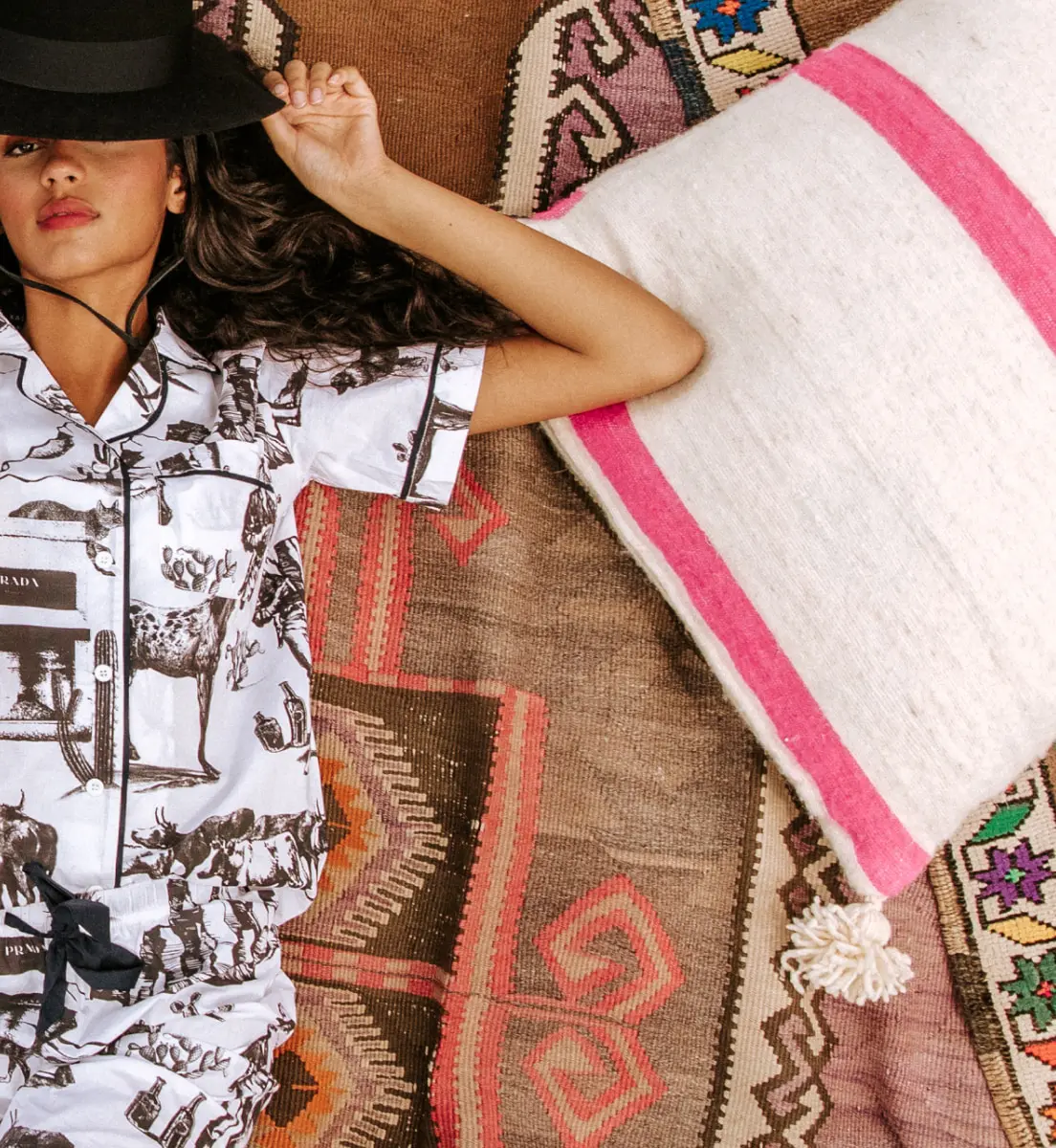 a woman wearing the marfa toile pajamas