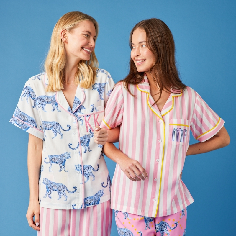 Two people wearing Katie Kime pajamas