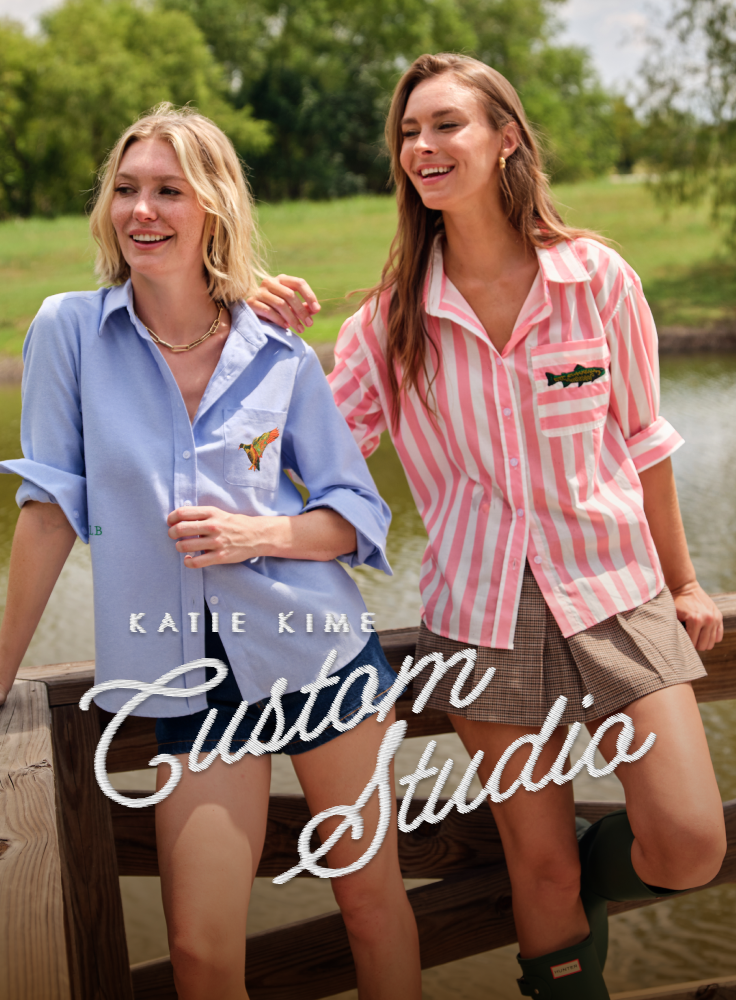 two women wearing customized katie kime shirts with embroidery