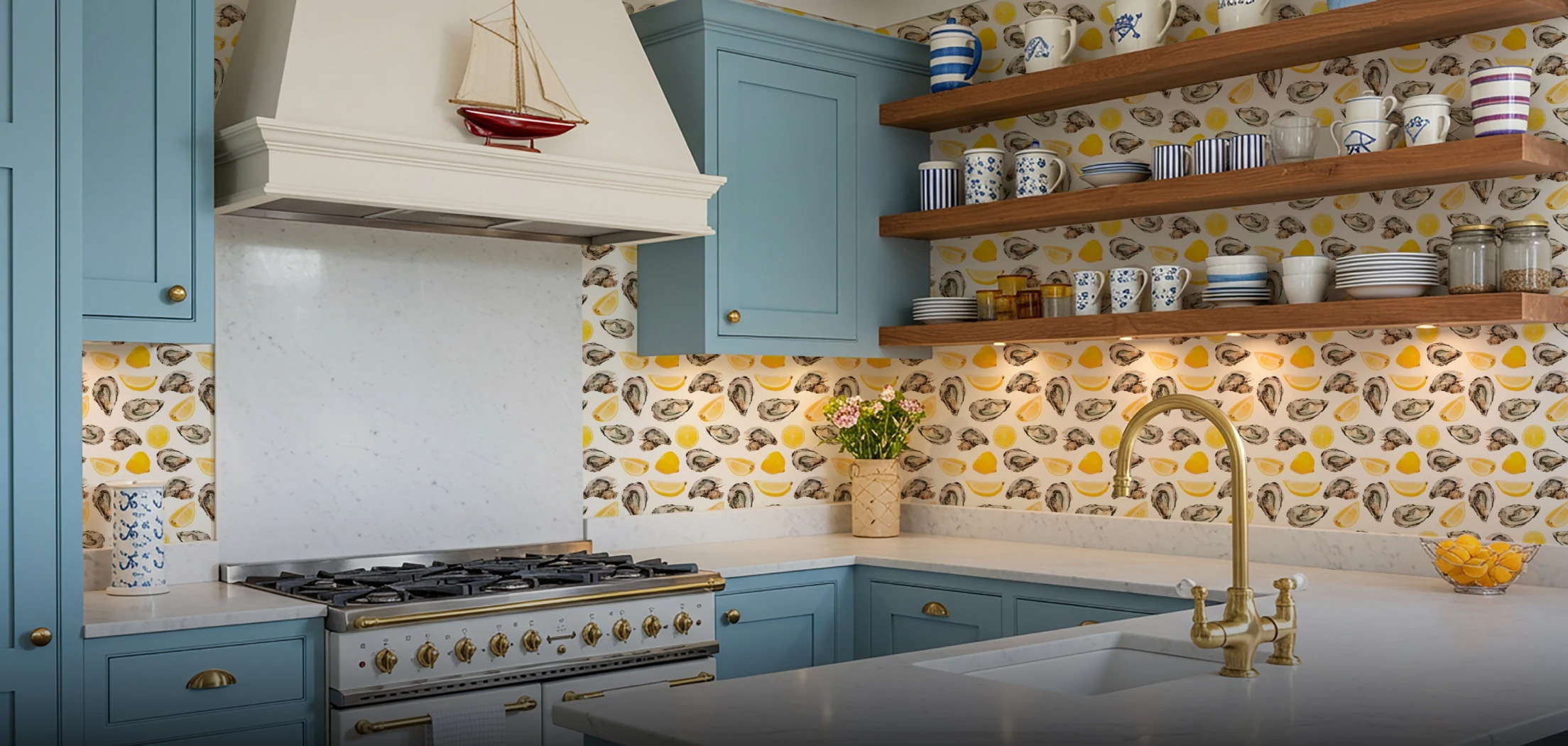 a kitchen with the world is your oysters wallpaper
