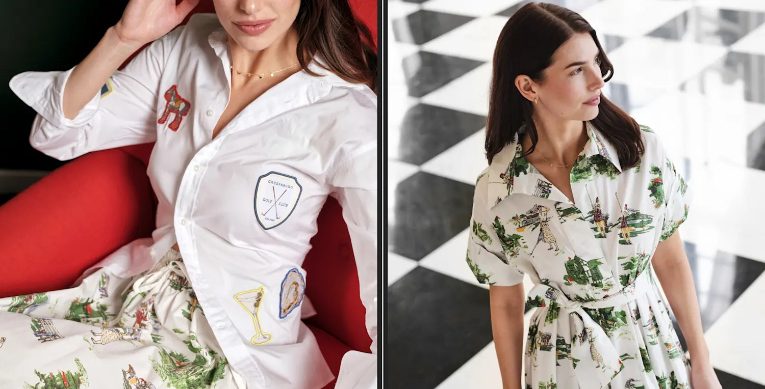 woman wearing the golf toile print taza dress