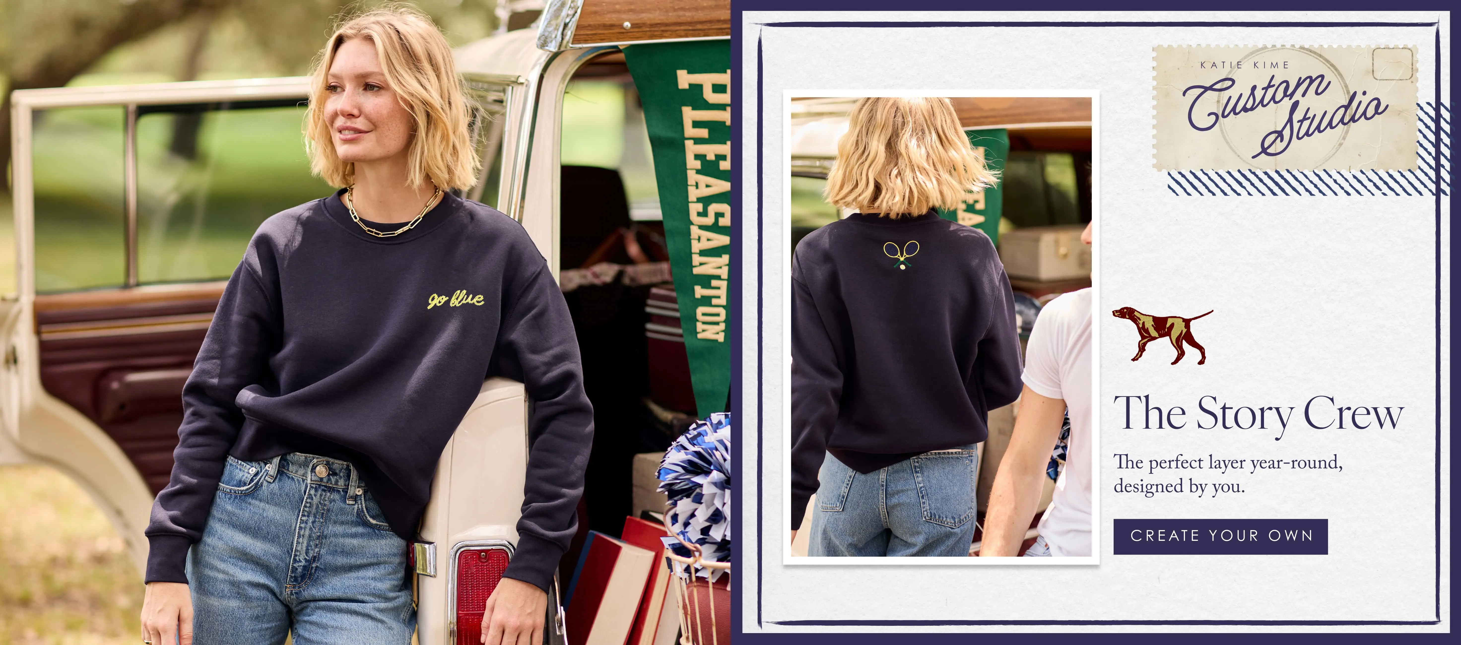 two women wearing customized katie kime shirts with embroidery