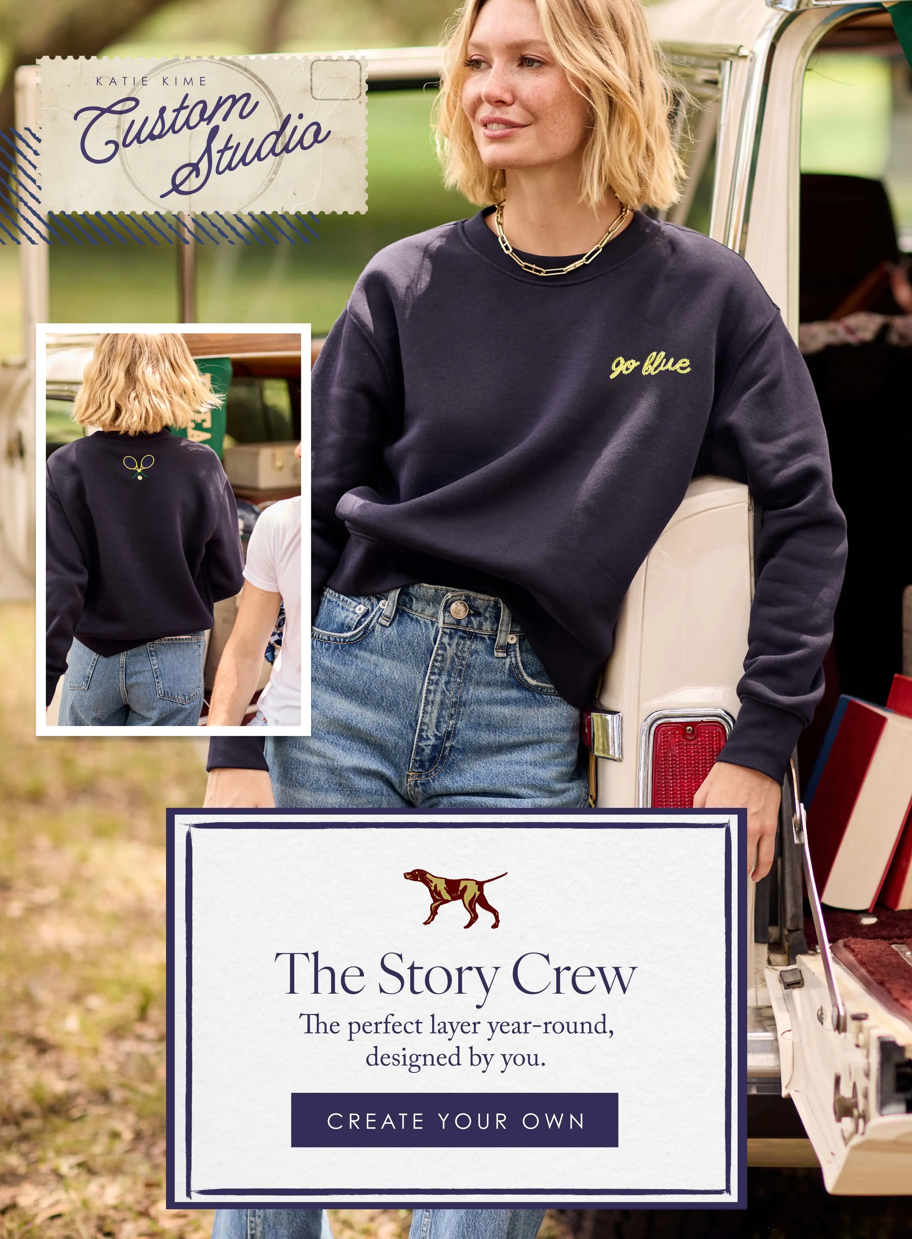 two women wearing customized katie kime shirts with embroidery