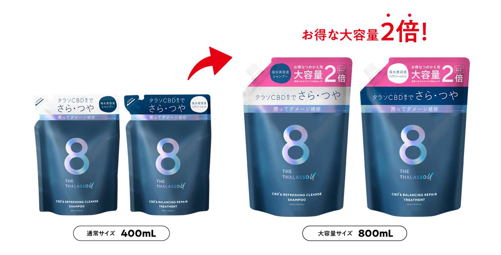 エイトザタラソ」「エイトザタラソ ユー」から通常の2倍の詰め替え大