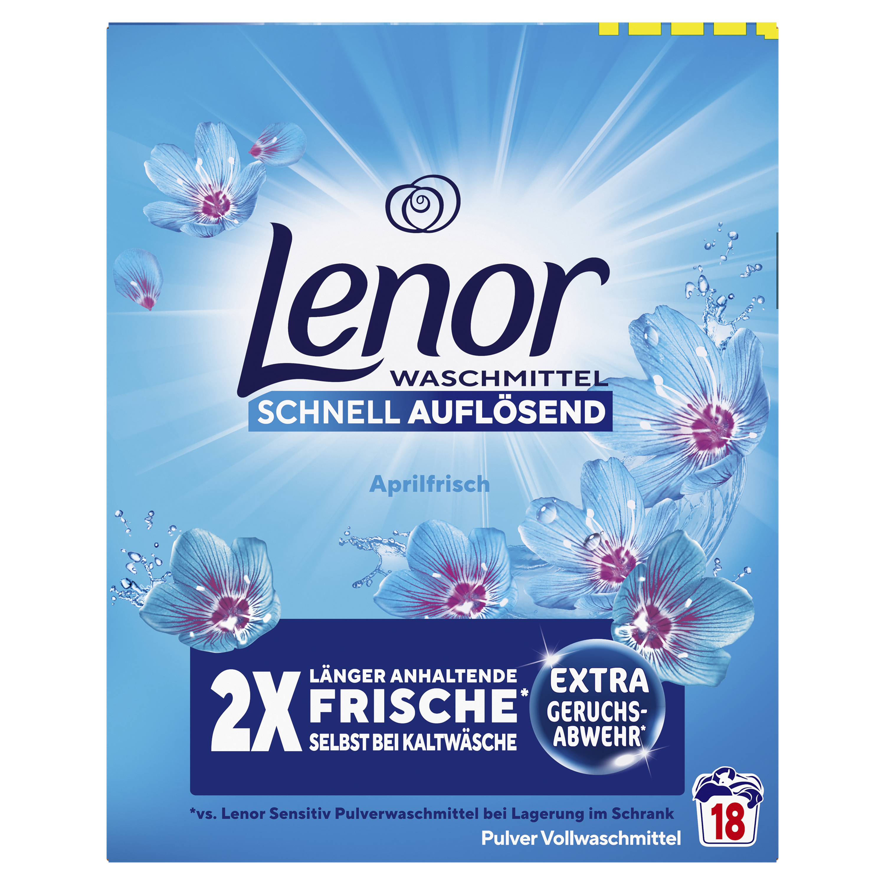 Blaue Lenor-Grafik, die die Vorteile von Frische und Geruchsentfernung für die Wäschepflege hervorhebt