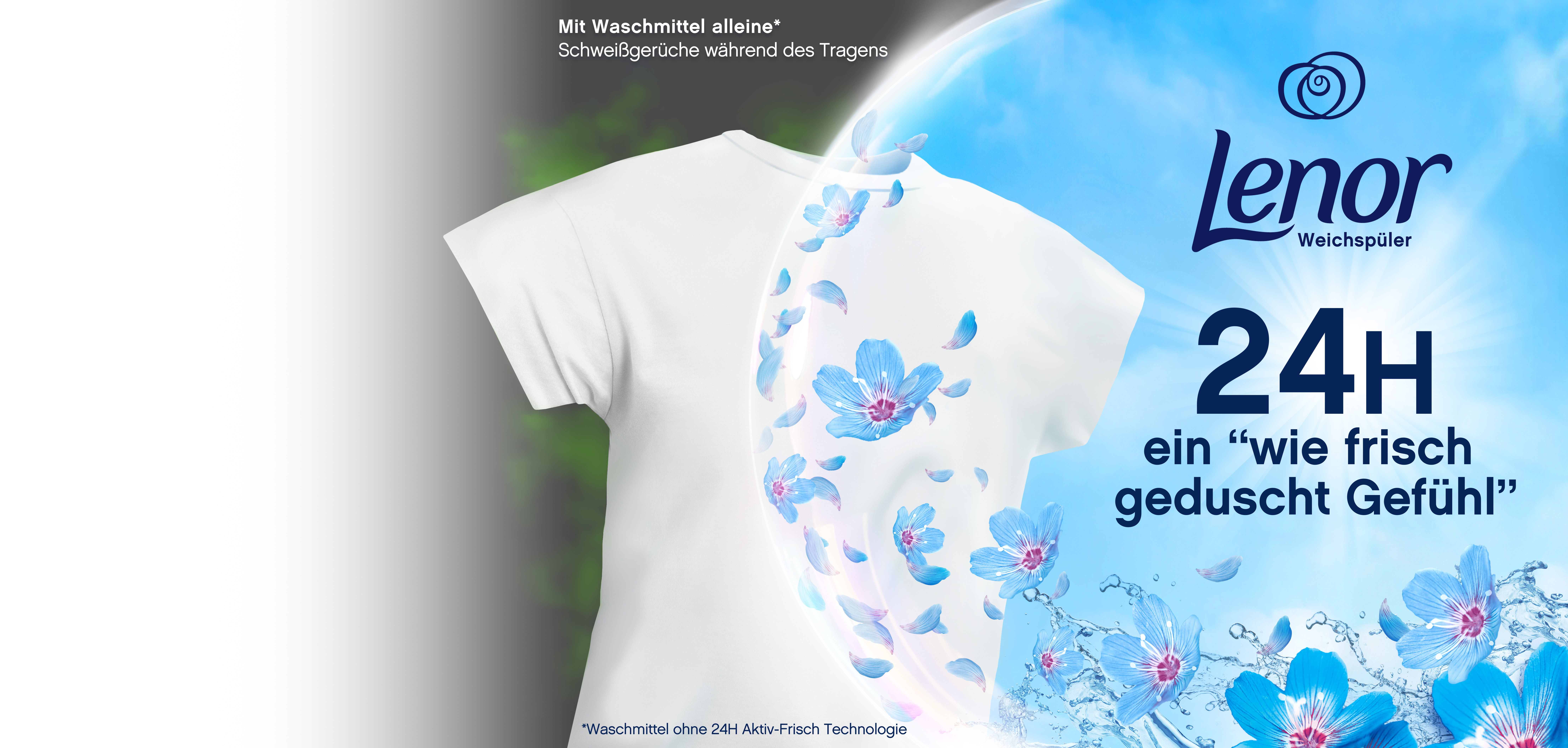 24-Stunden ein "wie frisch geduacht Gefühl" auf weißem T-Shirt, blauer Hintergrund