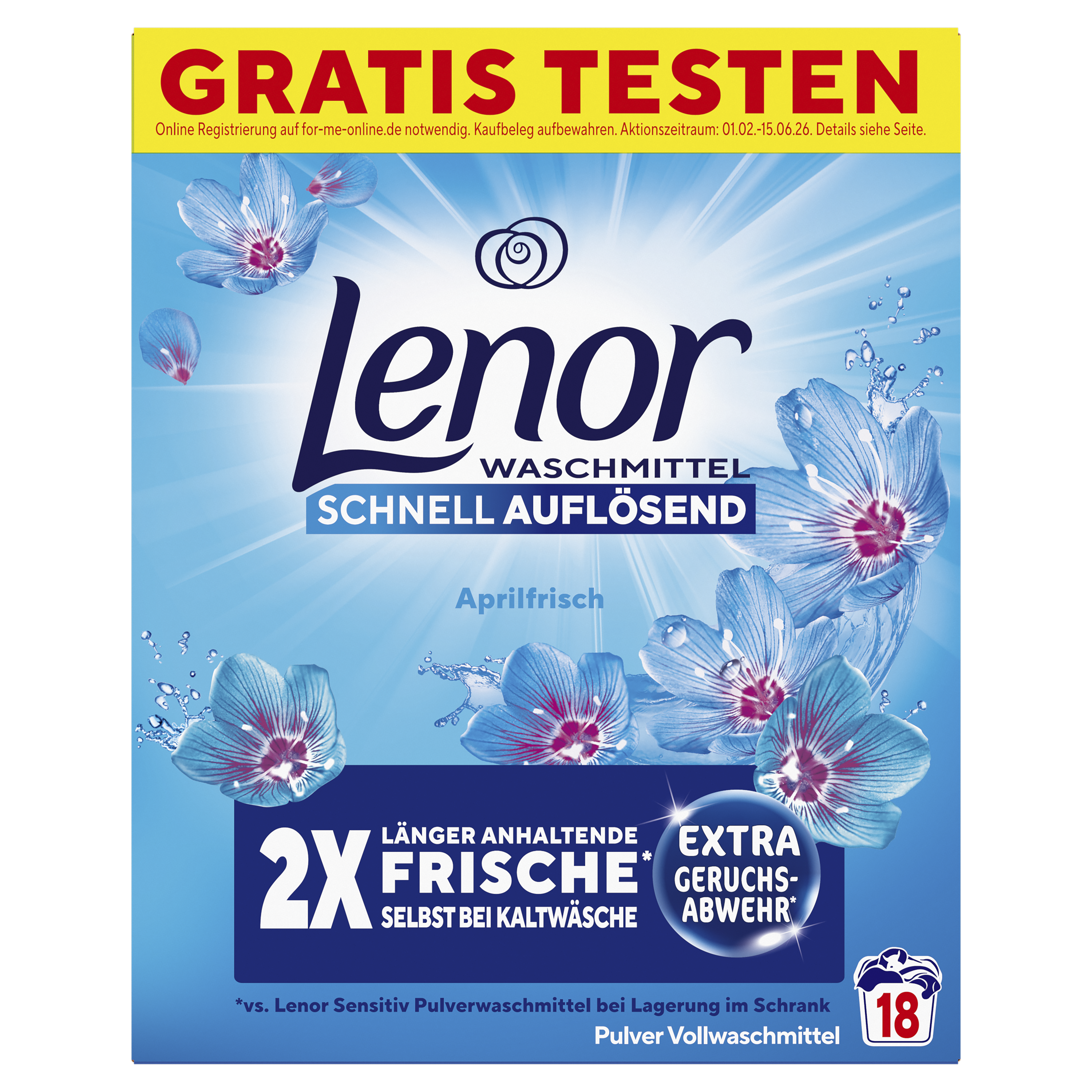 Blaue Lenor-Grafik, die die Vorteile von Frische und Geruchsentfernung für die Wäschepflege hervorhebt
