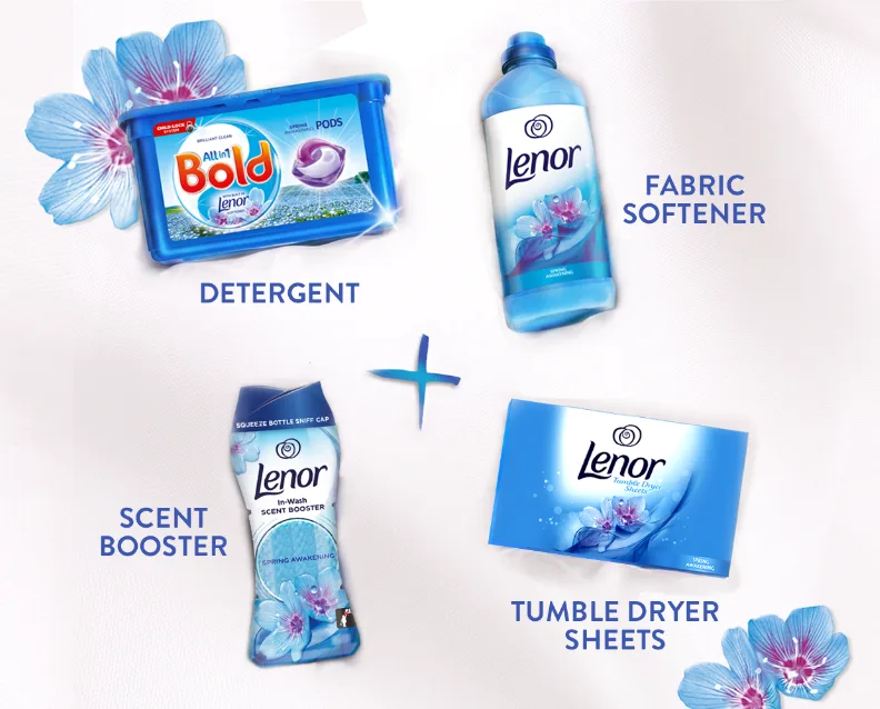 Lenor And Bold Laundry Products Including Detergent Pods, Fabric Softener, Scent Booster, And Tumble Dryer Sheets With Blue Floral Design