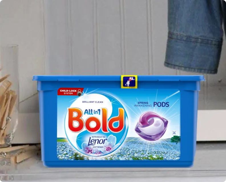 Bold And Lenor Detergent Pods In A Blue Container