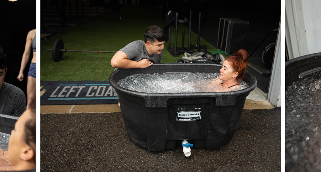 Athlete sitting in cold plunge tub, while being coached by trainer.